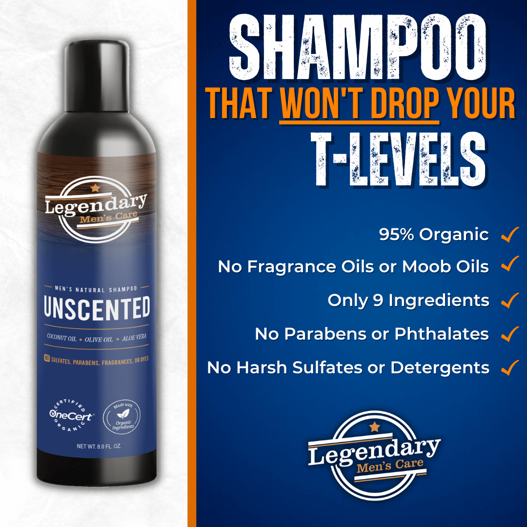 Our shampoo won't drop your testosterone levels. Our men's shampoo is 95% organic, and only contains 9 ingredients.