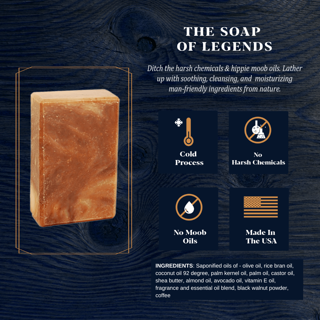 Our sudsy sandalwood cold process soap is free from harsh chemicals, and natural oils that interfere with a mans testosterone. Made in the USA!