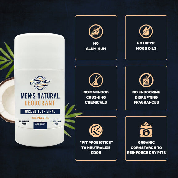 Our men's deodorant contains no aluminum, fragrance, harsh chemicals, endocrine disruptors that lower testosterone. Contains probiotics to keep you smelling fresh!