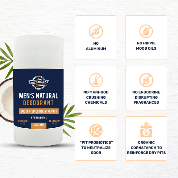 Our men's deodorant contains no aluminum, fragrance, harsh chemicals, endocrine disruptors that lower testosterone. Contains probiotics to keep you smelling fresh!